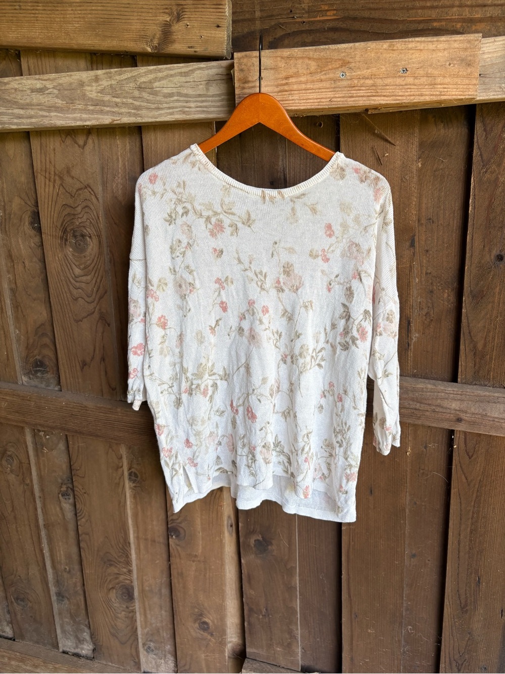 J. Jill White Linen Blend Romantic Rose Print Open Knit Sweater fisherman